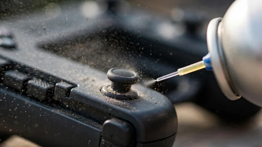 close-up of a Joy-Con thumbstick being cleaned with compressed air