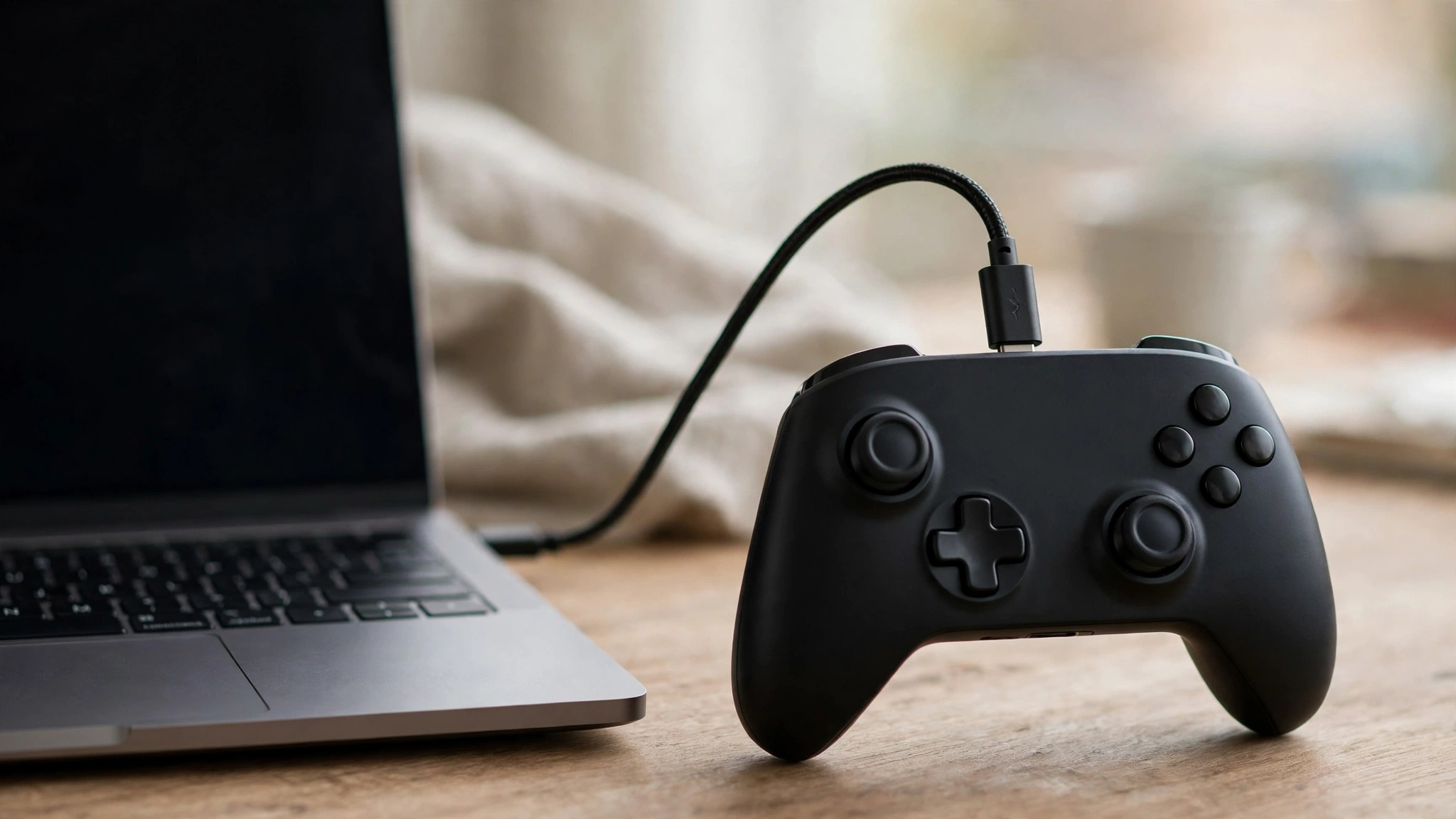Xbox controller connected to a laptop with a USB cable