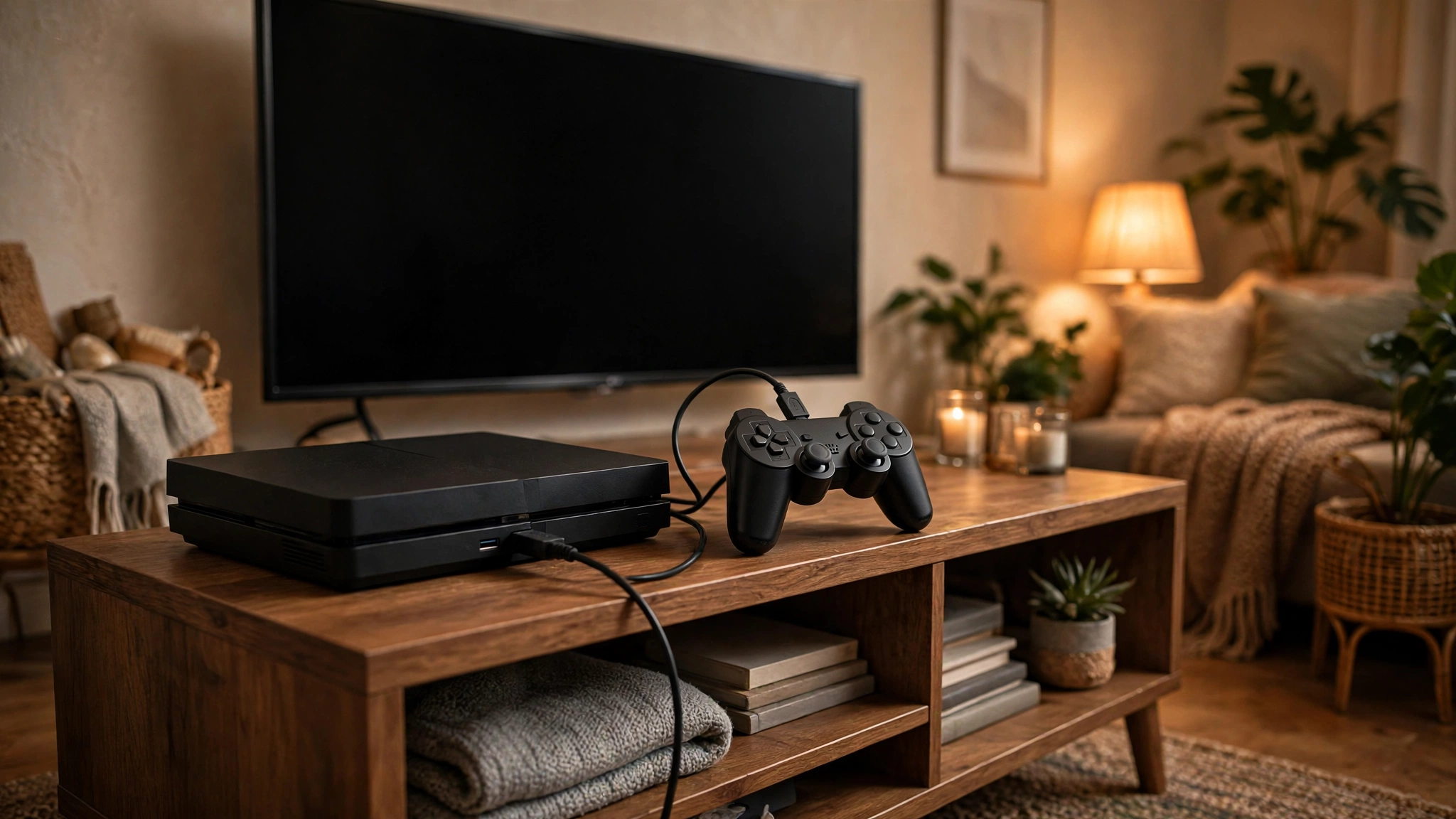 Xbox controller connected to a console with a USB cable